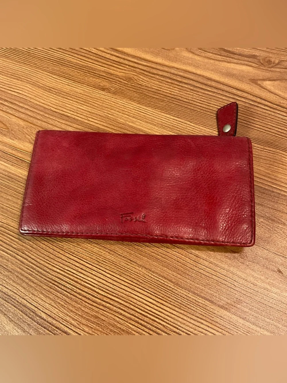 Fossil Red Leather Long Wallet Organizer Multi Card ID Window Snap Closure